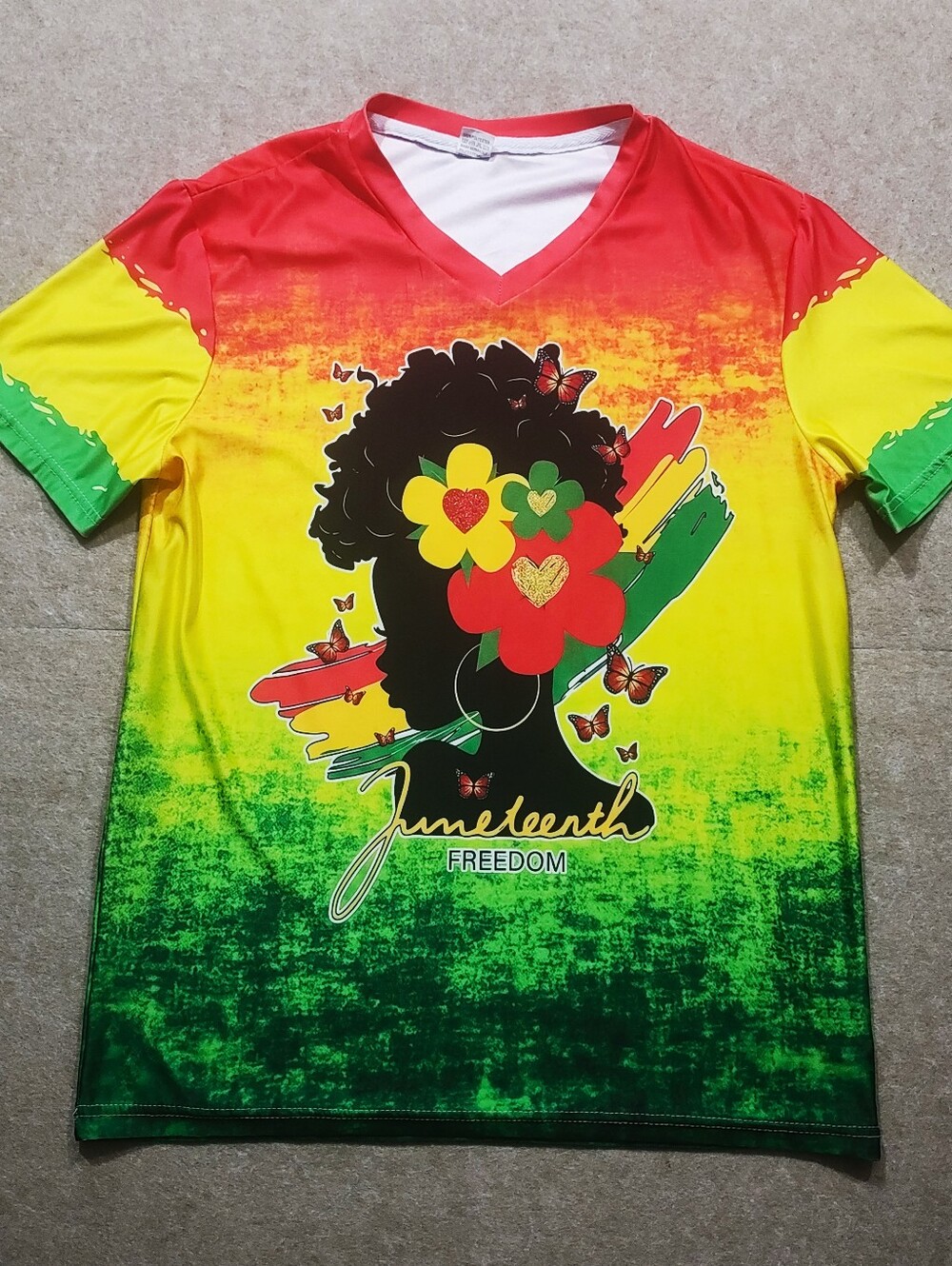 Juneteenth Freedom V-Neck Graphic Tee - Red Yellow Green -R